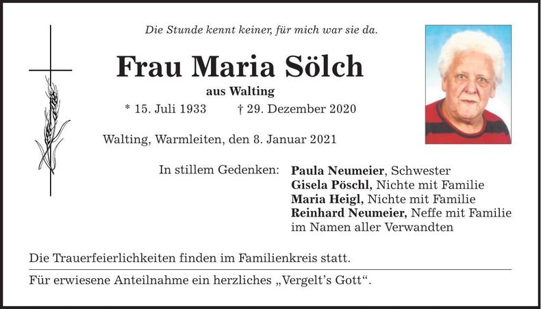 Traueranzeige Maria Sölchf