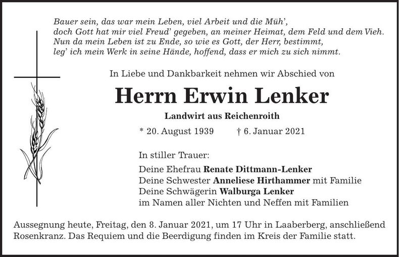 Traueranzeige Erwin Lenker