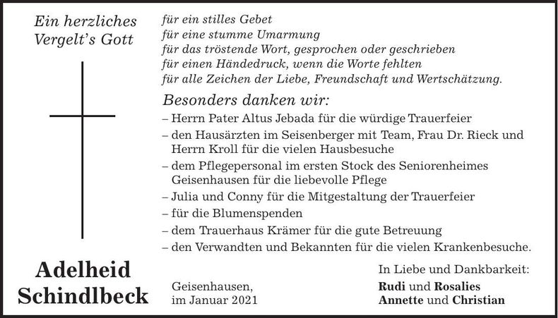Traueranzeige Adelheid Schindlbeck