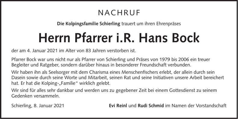 Traueranzeige Hans Bock