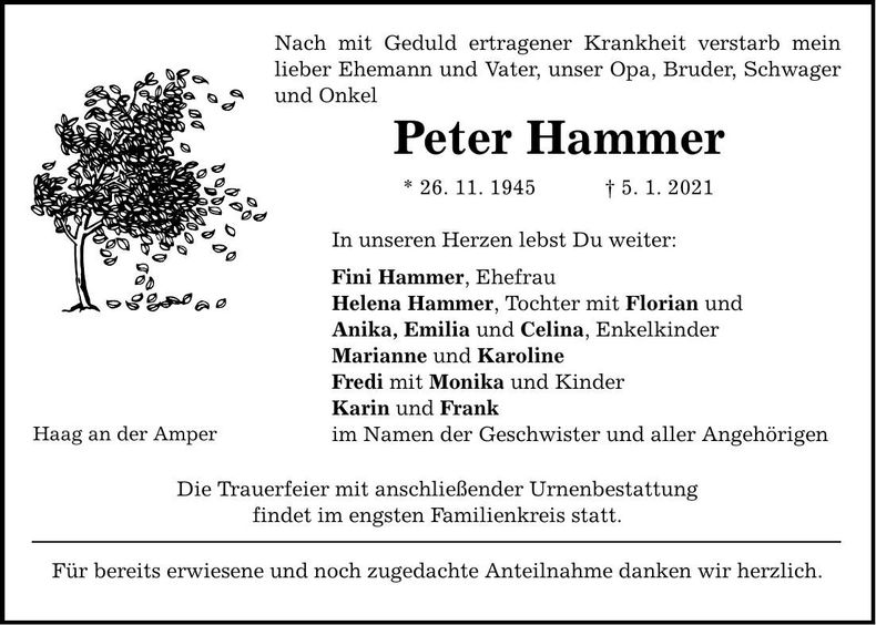Traueranzeige Peter Hammer