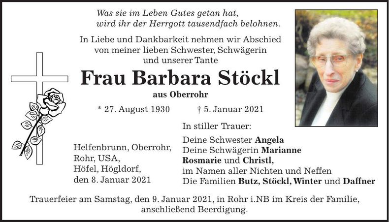 Traueranzeige Barbara Stöckl