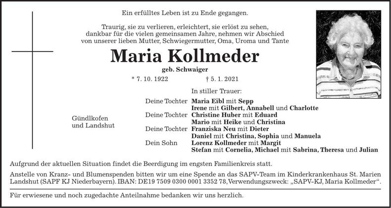 Traueranzeige Maria Kollmeder