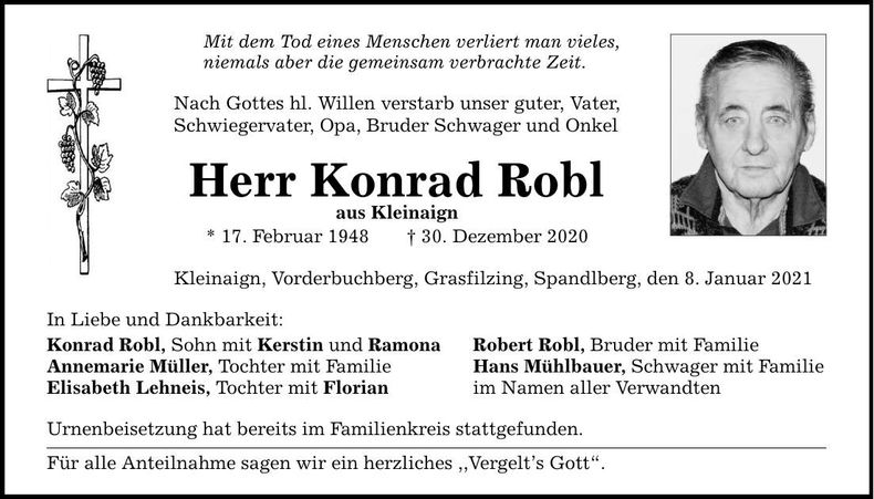 Traueranzeige Konrad Robl