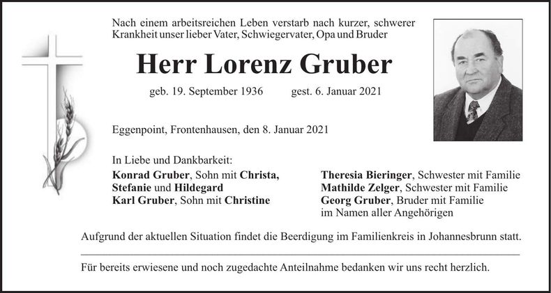 Traueranzeige Lorenz Gruber