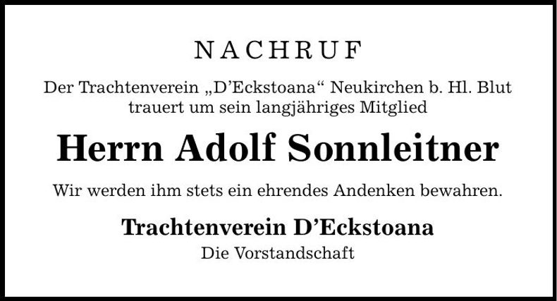 Traueranzeige Adolf Sonnleitner