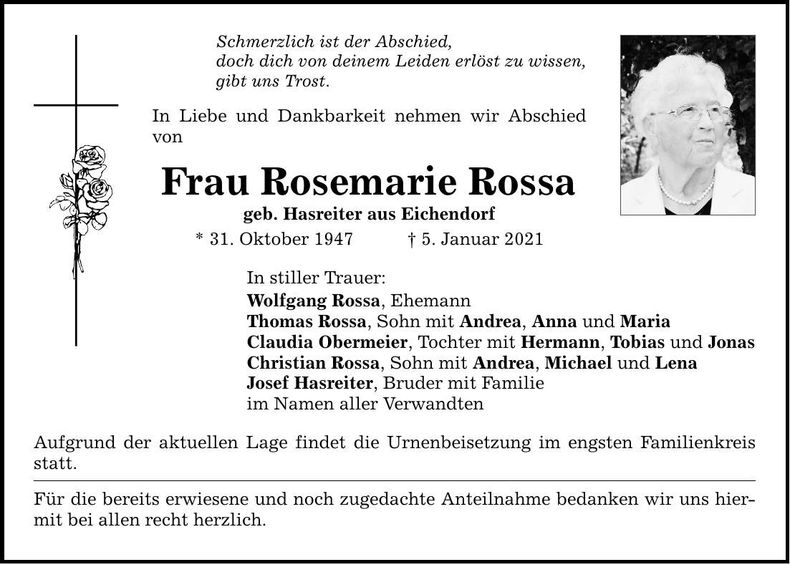 Traueranzeige Rosemarie Rossa