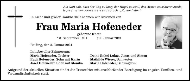 Traueranzeige Maria Hofeneder