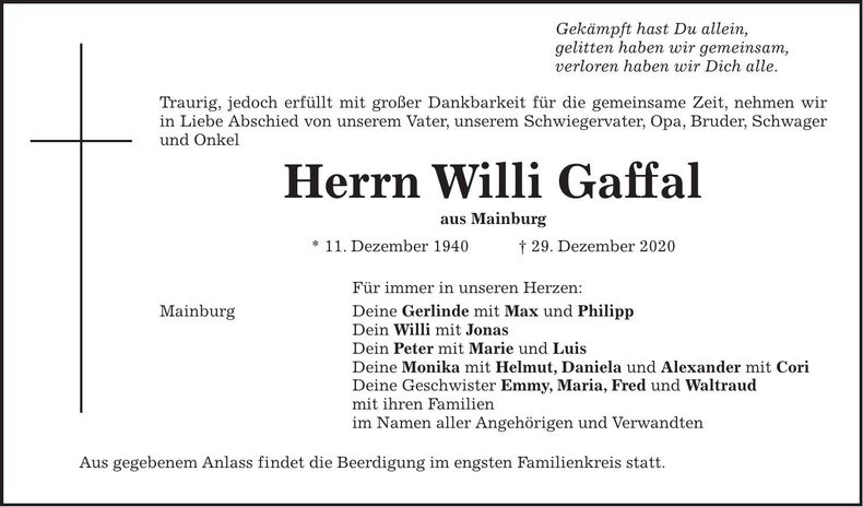 Traueranzeige Willi Gaffal