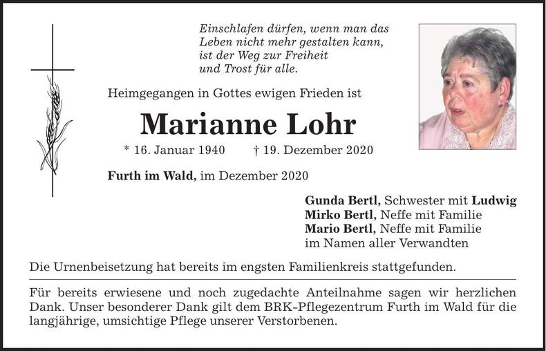Traueranzeige Marianne Lohr