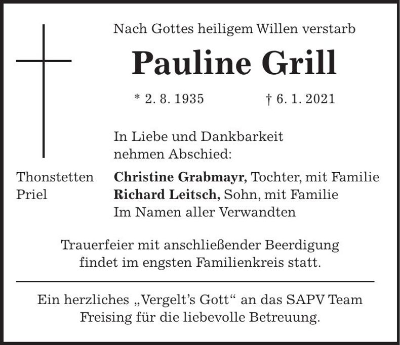 Traueranzeige Pauline Grill