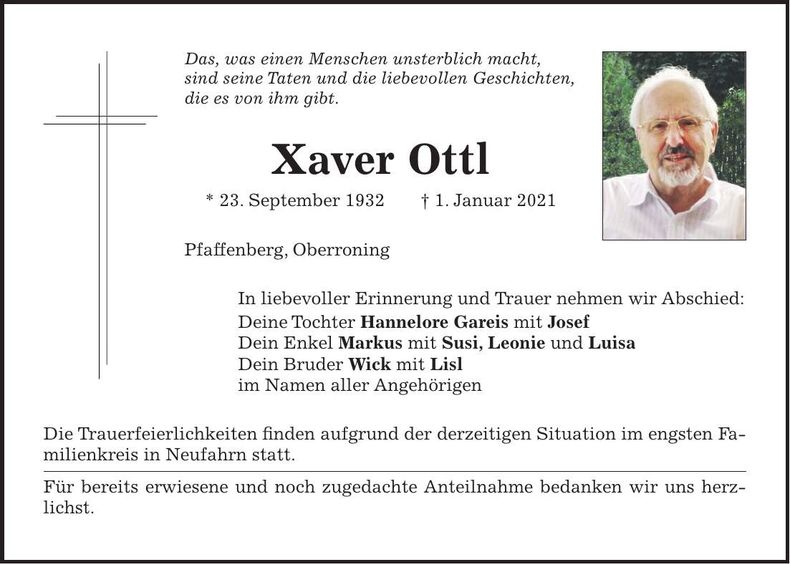 Traueranzeige Xaver Ottl