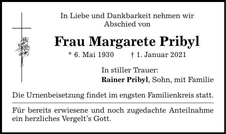 Traueranzeige Margarete Pribyl