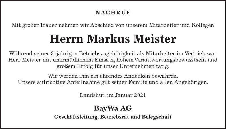 Traueranzeige Markus Meister