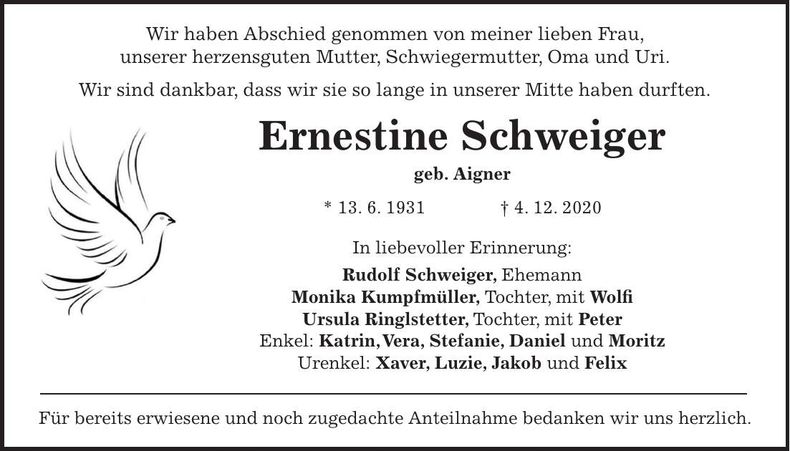 Traueranzeige Ernestine Schweiger