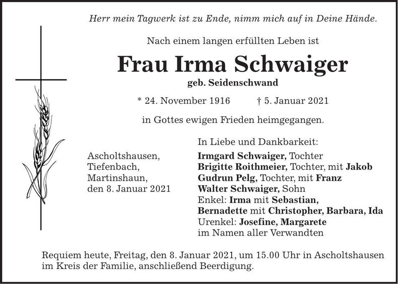 Traueranzeige Irma Schwaiger