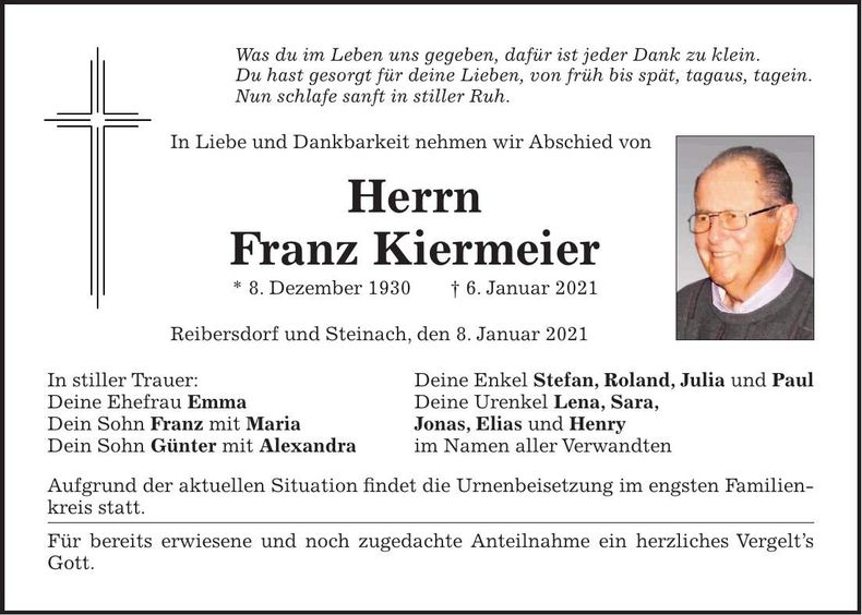 Traueranzeige Franz Kiermeier