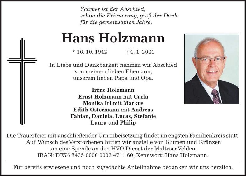 Traueranzeige Hans Holzmann
