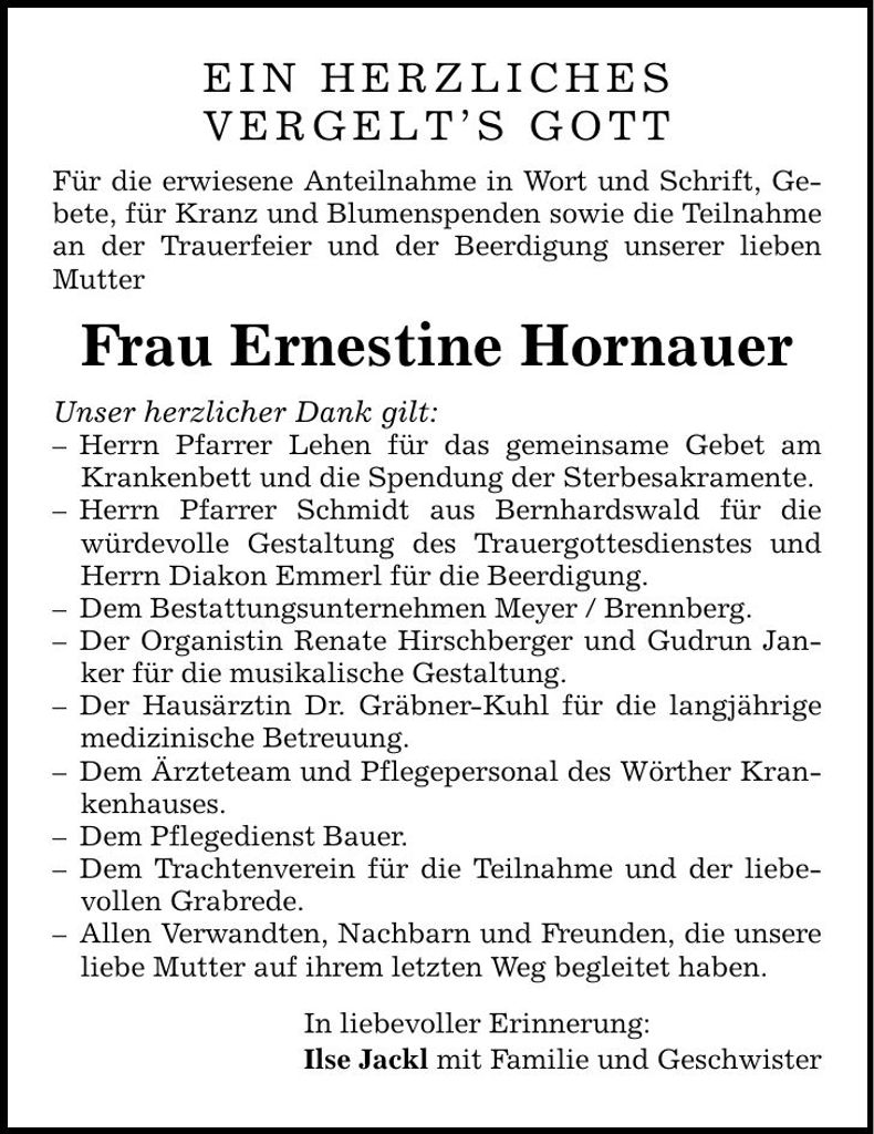 Traueranzeige Ernestine Hornauer