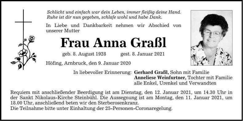 Traueranzeige Anna Graßl