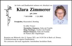 Traueranzeige Klara Zimmerer
