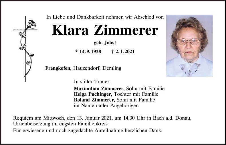 Traueranzeige Klara Zimmerer