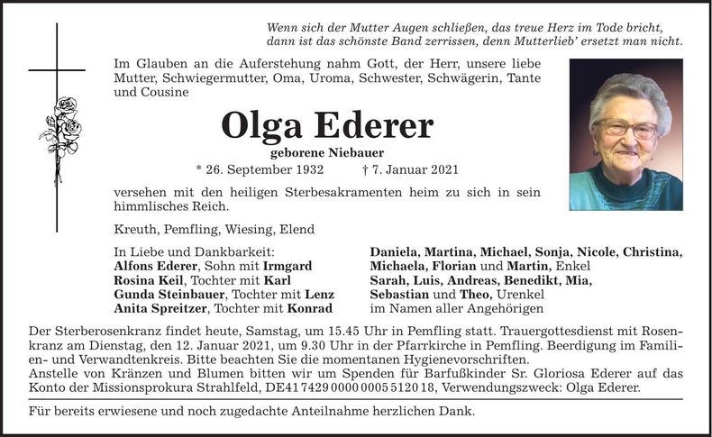 Traueranzeige Olga Ederer