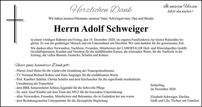Traueranzeige Adolf Schweiger
