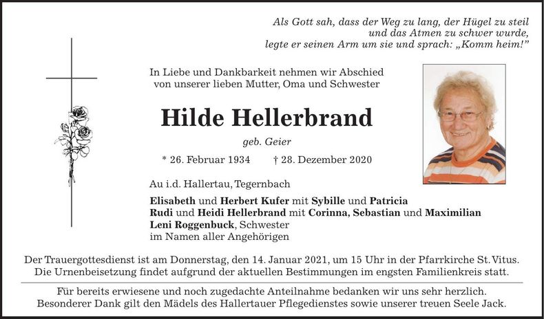 Traueranzeige Hilde Hellerbrand