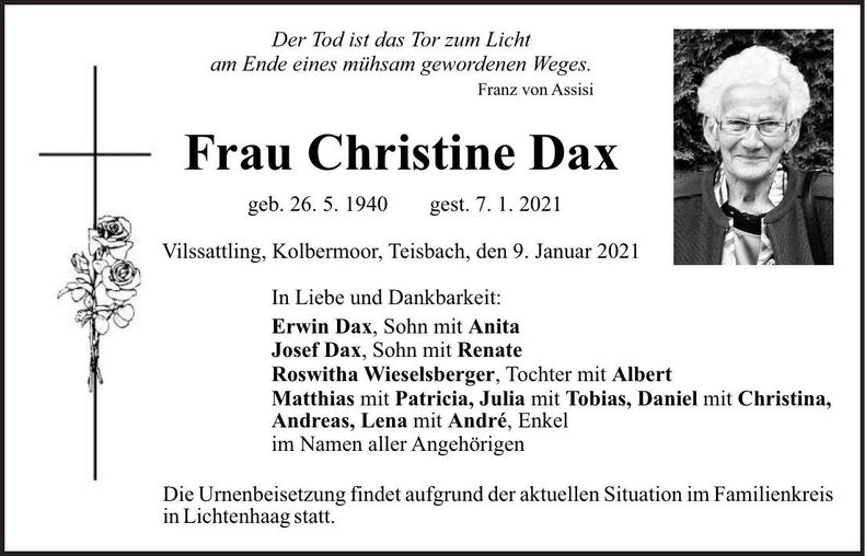 Traueranzeige Christine Dax