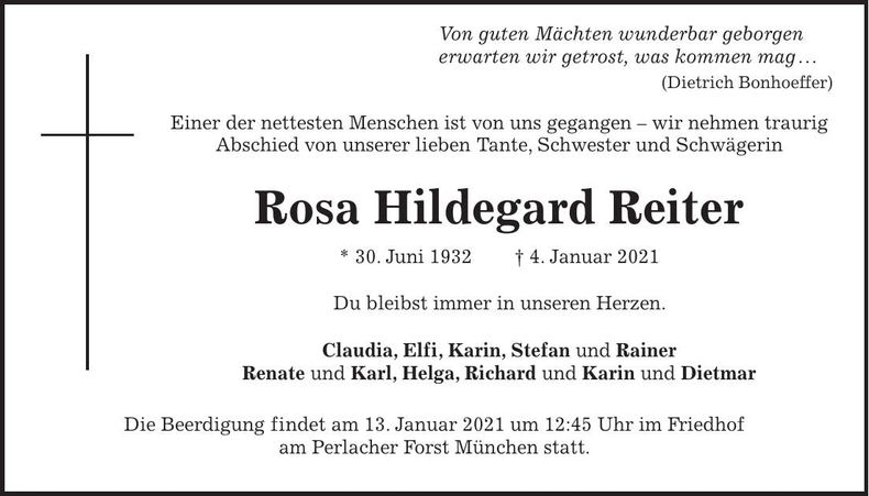 Traueranzeige Rosa Hildegard Reiter