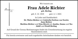 Traueranzeige Adele Richter