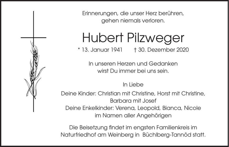 Traueranzeige Hubert Pilzweger
