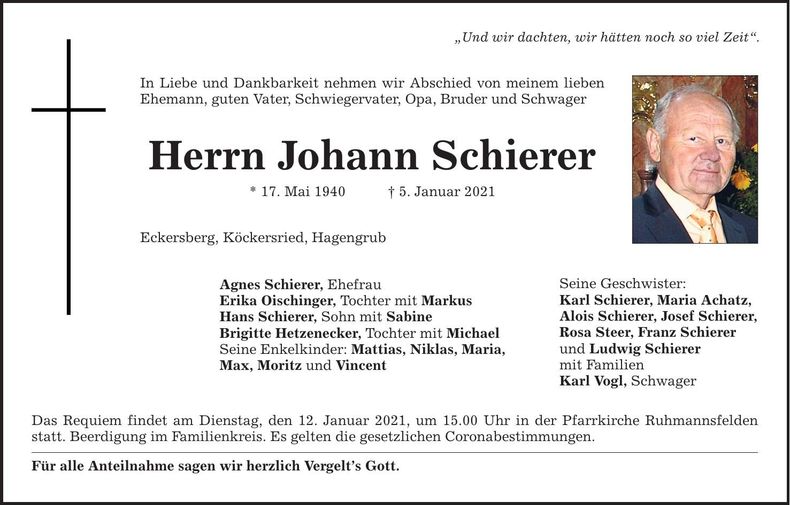 Traueranzeige Johann Schierer