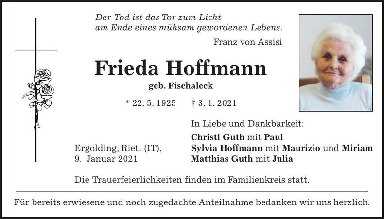 Traueranzeige Frieda Hoffman