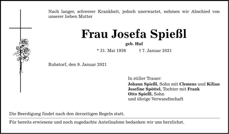 Traueranzeige Josefa Spießl