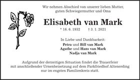 Traueranzeige Elisabeth van Mark