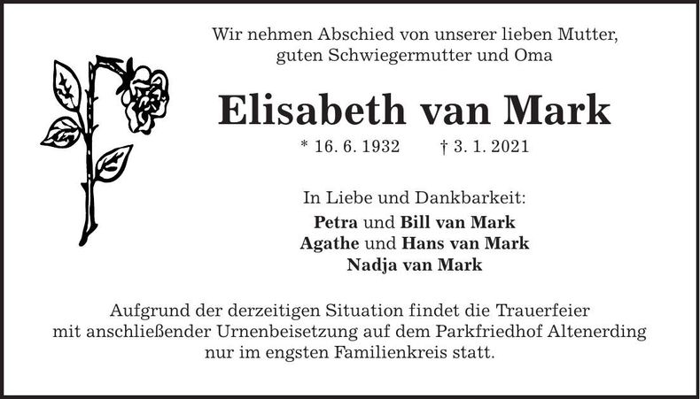 Traueranzeige Elisabeth van Mark