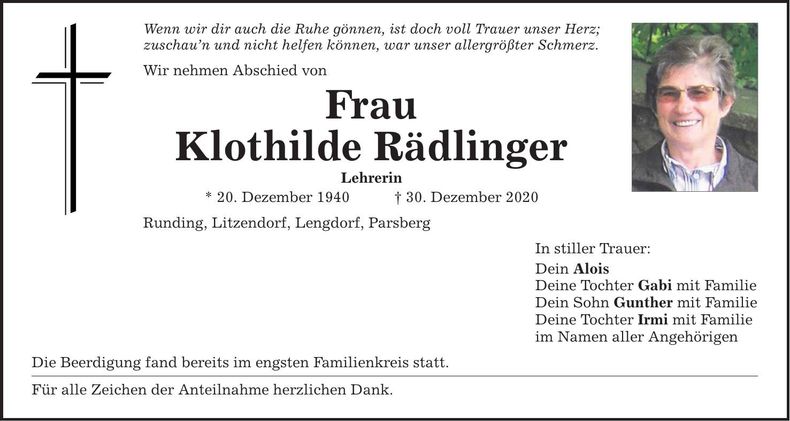 Traueranzeige Klothilde Rädlinger