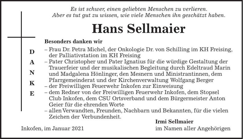 Traueranzeige Hans Sellmaier
