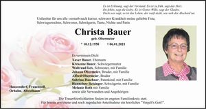 Traueranzeige Christa Bauer