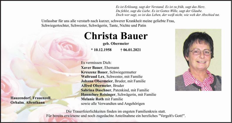 Traueranzeige Christa Bauer