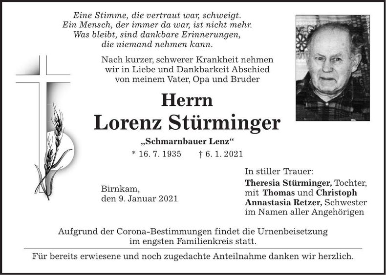 Traueranzeige Lorenz Stürminger