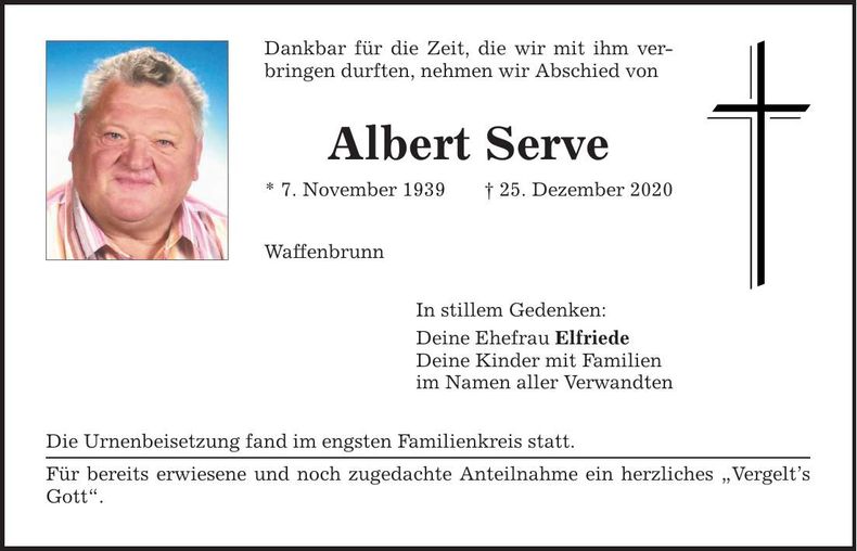 Traueranzeige Albert Serve