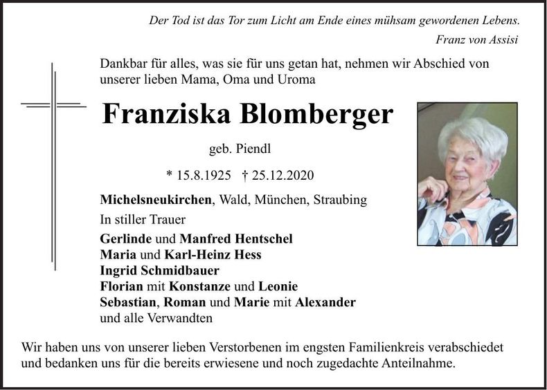 Traueranzeige Franziska Blomberger