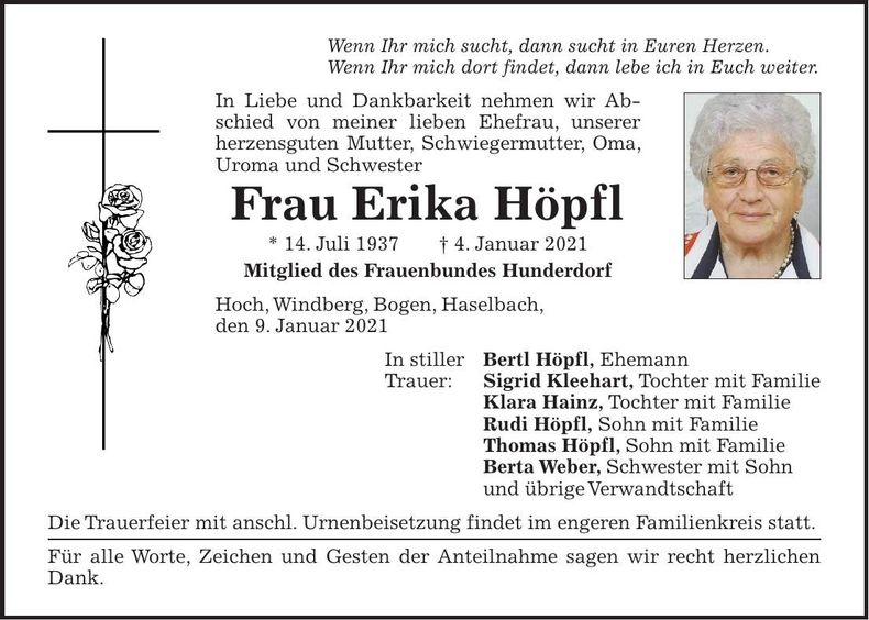 Traueranzeige Erika Höpfl