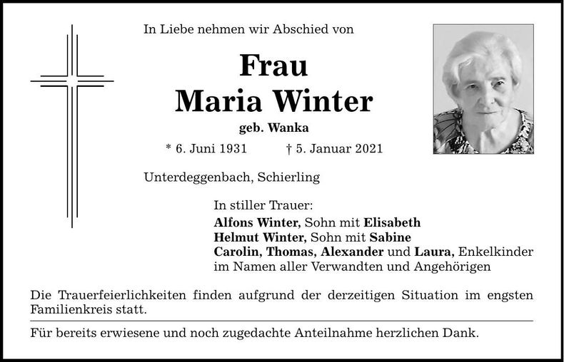 Traueranzeige Maria Winter