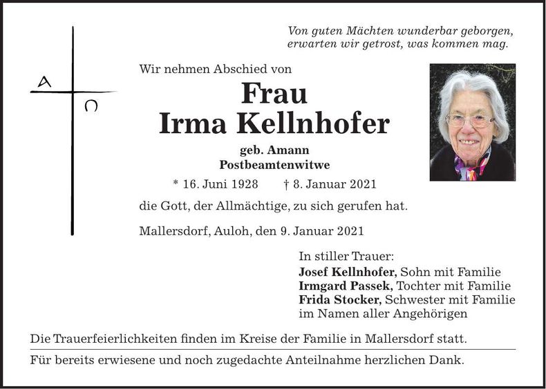 Traueranzeige Irma Kellnhofer