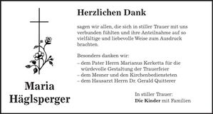 Traueranzeige Maria Häglsperger