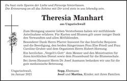 Traueranzeige Theresia Manhart